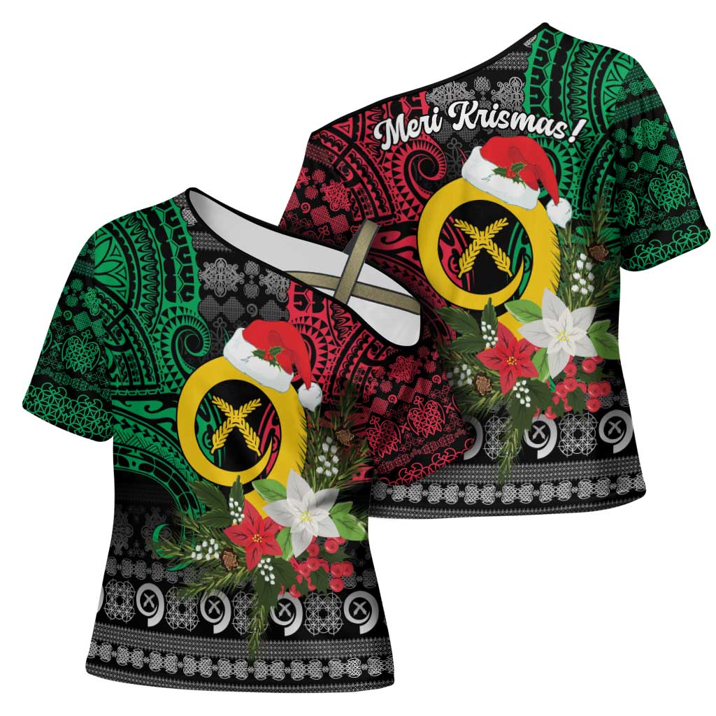 Vanuatu Pig's Tusk Meri Krismas! Cross Shoulder Shirt Vanuatuan Ancient Art Spirit - Polynesian Pride