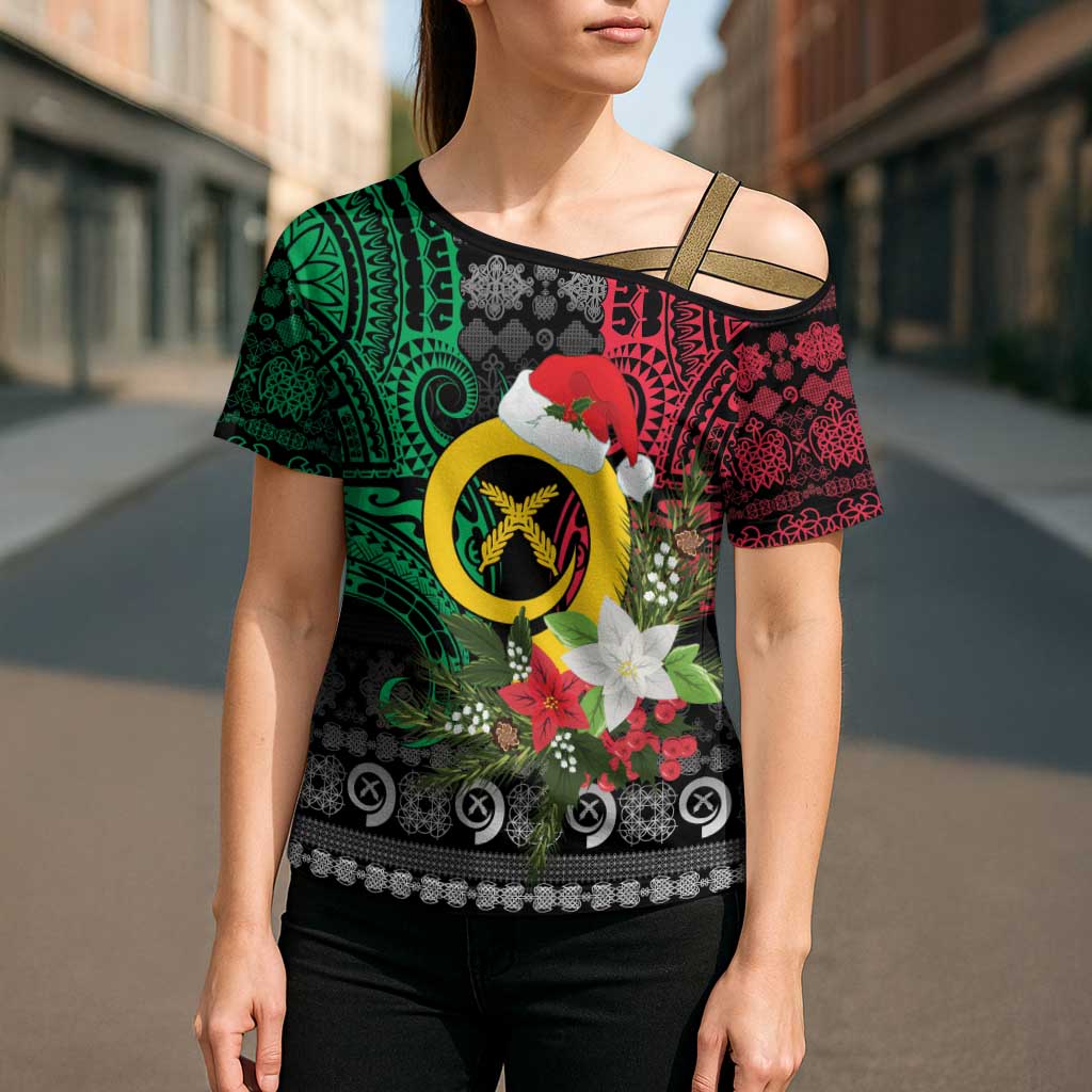 Vanuatu Pig's Tusk Meri Krismas! Cross Shoulder Shirt Vanuatuan Ancient Art Spirit - Polynesian Pride
