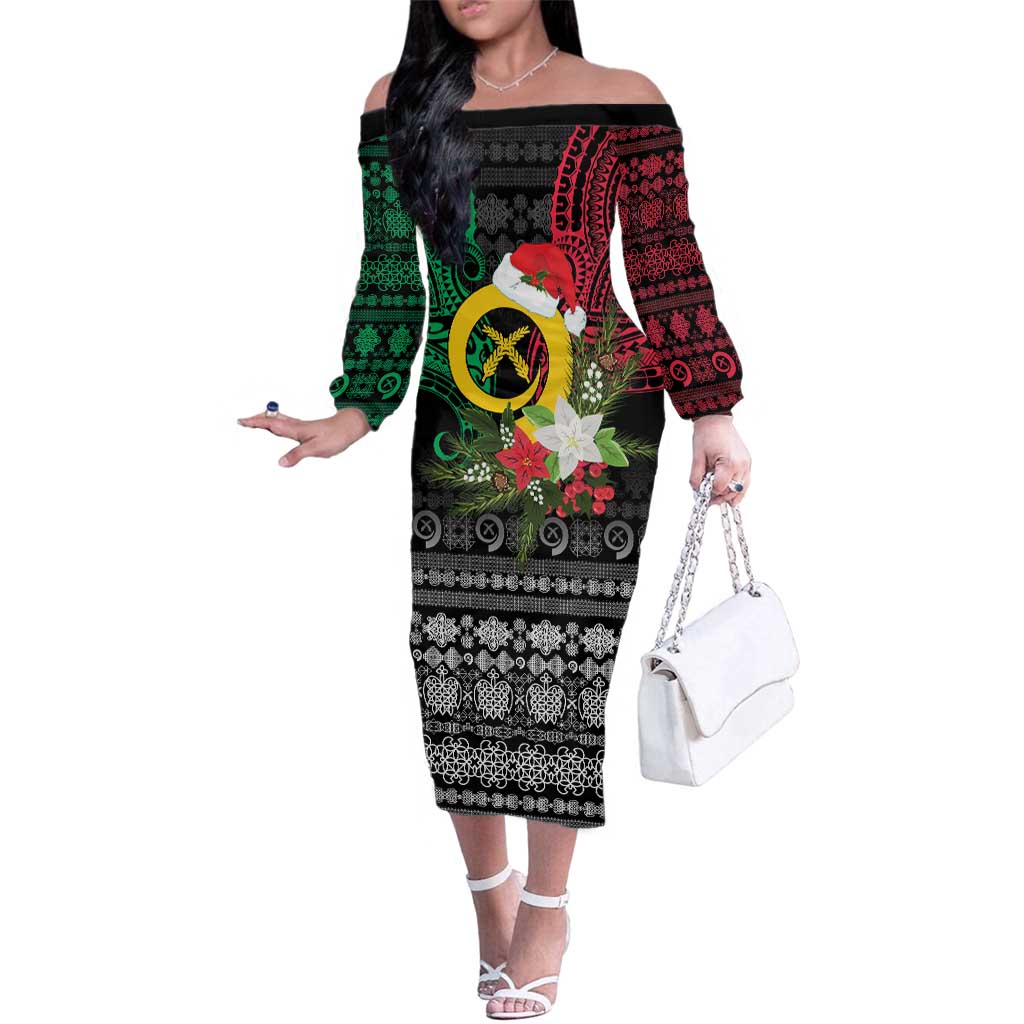 Vanuatu Pig's Tusk Meri Krismas! Family Matching Off The Shoulder Long Sleeve Dress and Hawaiian Shirt Vanuatuan Ancient Art Spirit LT9 Mom's Dress Black - Polynesian Pride