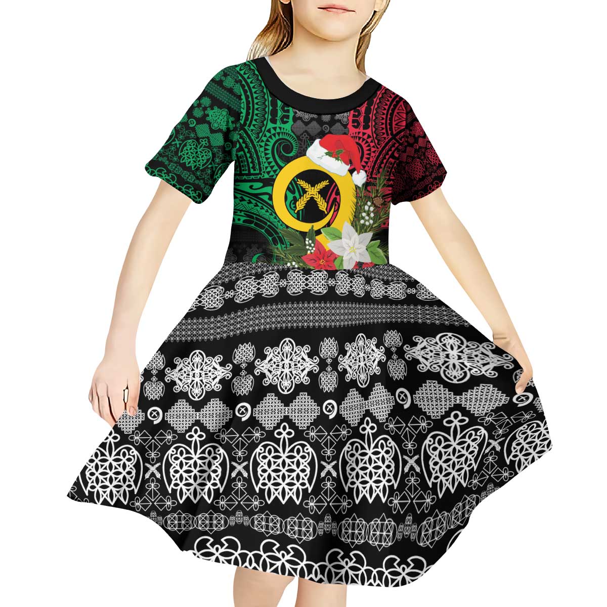 Vanuatu Pig's Tusk Meri Krismas! Kid Short Sleeve Dress Vanuatuan Ancient Art Spirit - Polynesian Pride