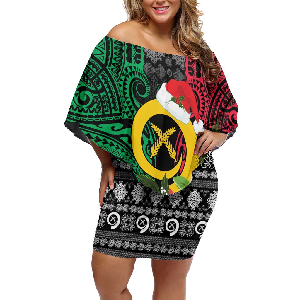 Vanuatu Pig's Tusk Meri Krismas! Off Shoulder Short Dress Vanuatuan Ancient Art Spirit - Polynesian Pride