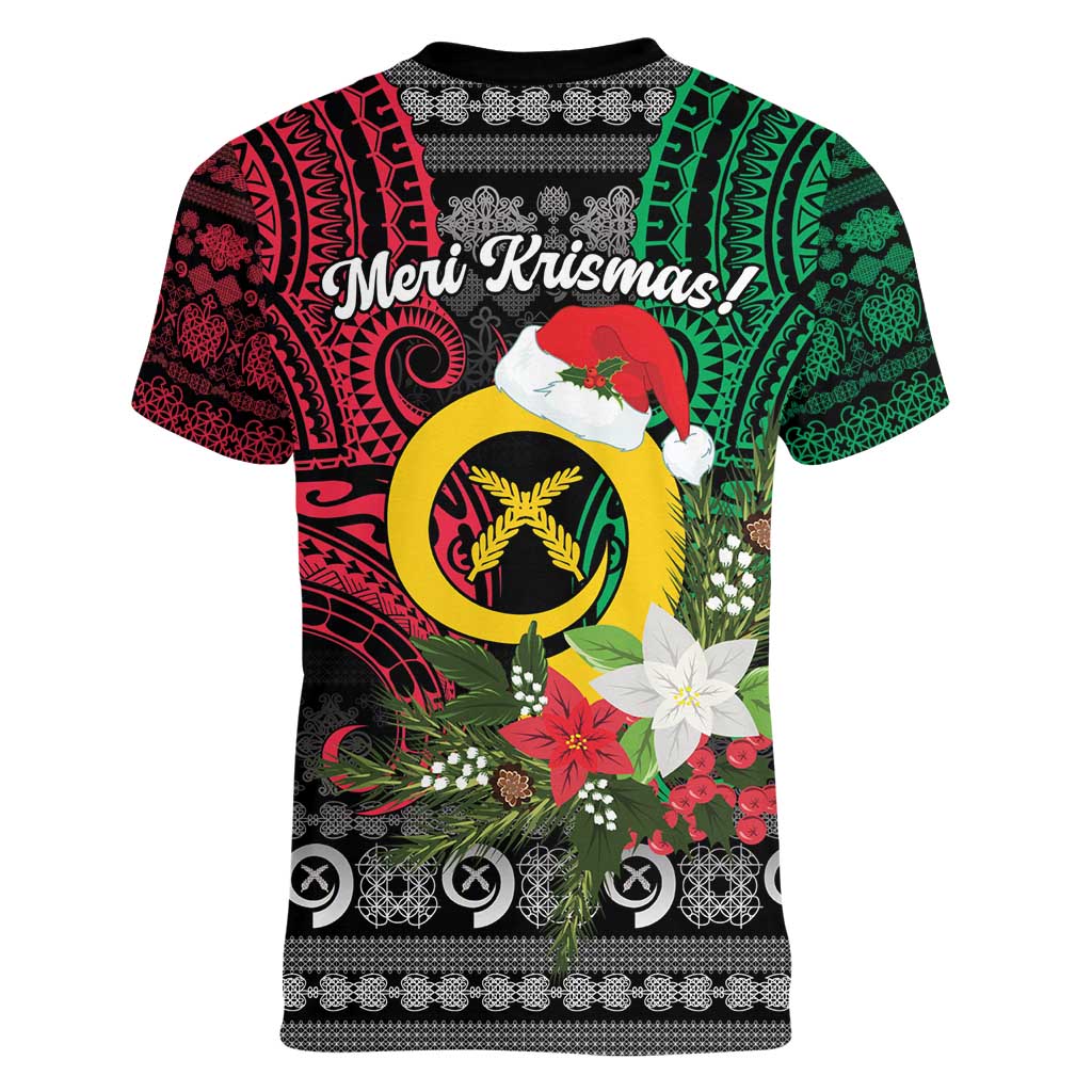 Vanuatu Pig's Tusk Meri Krismas! Women V-Neck T-Shirt Vanuatuan Ancient Art Spirit - Polynesian Pride