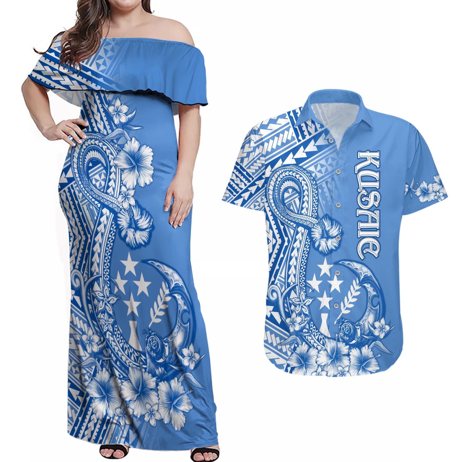 Kosrae Constitution Day Personalised Couples Matching Off Shoulder Maxi Dress and Hawaiian Shirt Kusaie Hook Tattoo Special Polynesian Pattern LT9 Blue - Polynesian Pride