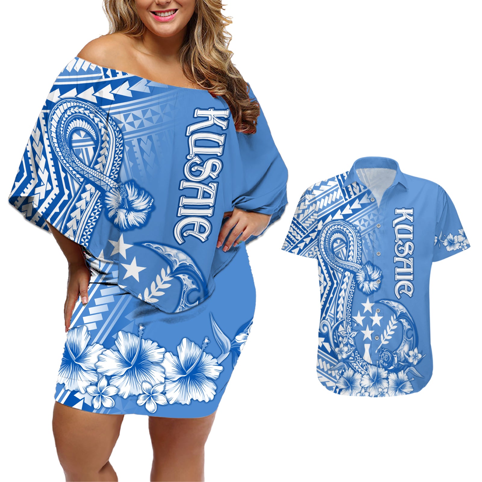 Kosrae Constitution Day Personalised Couples Matching Off Shoulder Short Dress and Hawaiian Shirt Kusaie Hook Tattoo Special Polynesian Pattern LT9 Blue - Polynesian Pride