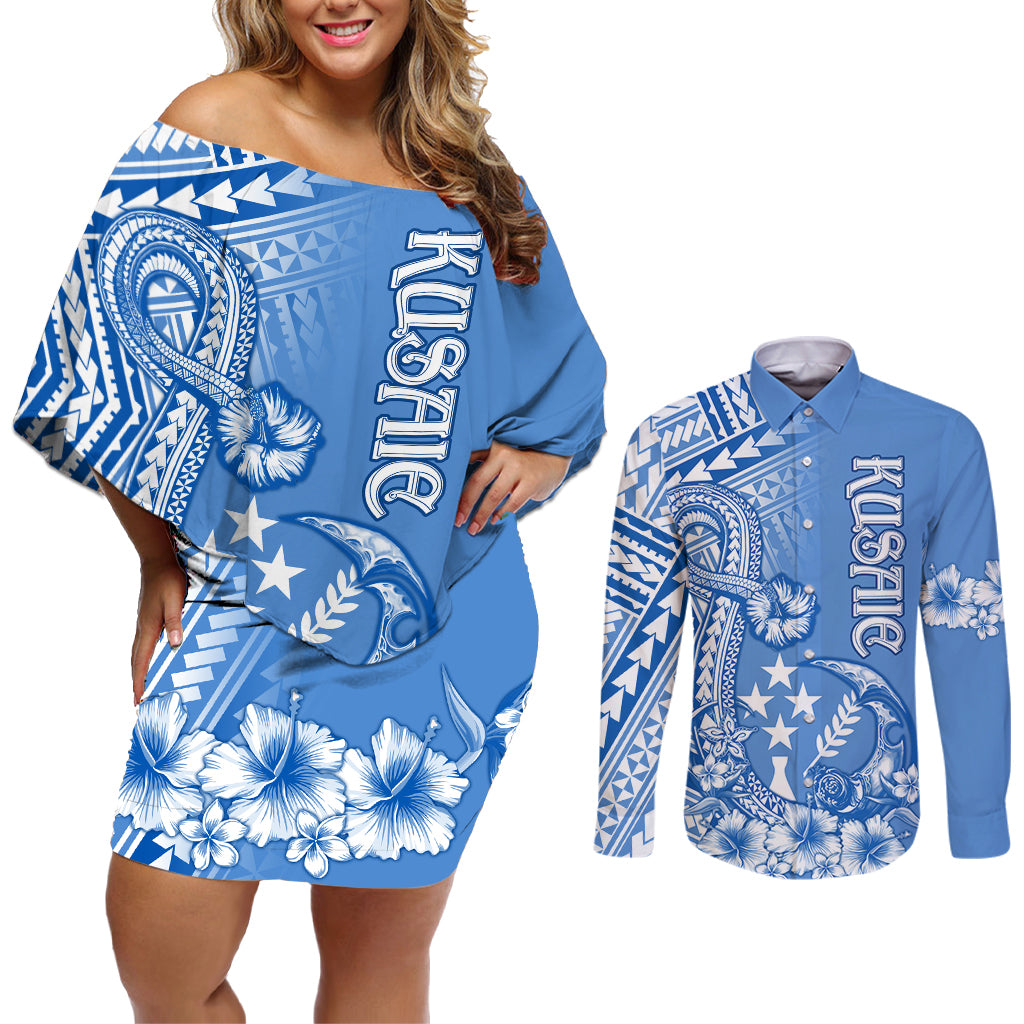 Kosrae Constitution Day Personalised Couples Matching Off Shoulder Short Dress and Long Sleeve Button Shirt Kusaie Hook Tattoo Special Polynesian Pattern LT9 Blue - Polynesian Pride