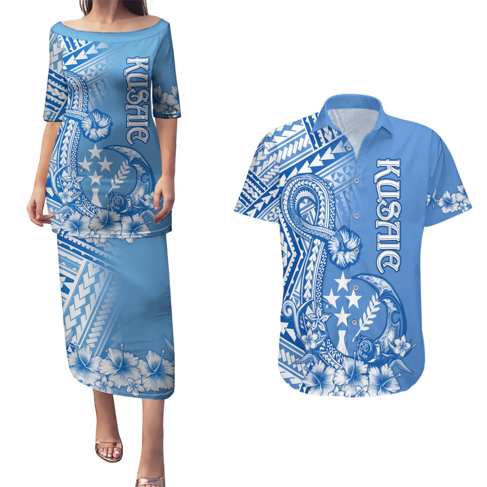 Kosrae Constitution Day Personalised Couples Matching Puletasi Dress and Hawaiian Shirt Kusaie Hook Tattoo Special Polynesian Pattern LT9 Blue - Polynesian Pride