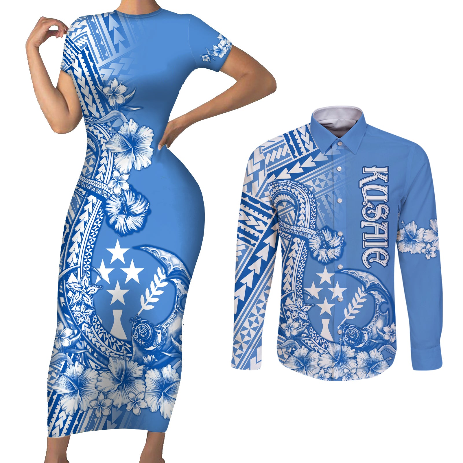 Kosrae Constitution Day Personalised Couples Matching Short Sleeve Bodycon Dress and Long Sleeve Button Shirt Kusaie Hook Tattoo Special Polynesian Pattern LT9 Blue - Polynesian Pride