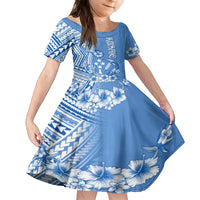 Kosrae Constitution Day Personalised Family Matching Off Shoulder Short Dress and Hawaiian Shirt Kusaie Hook Tattoo Special Polynesian Pattern LT9 Daughter's Dress Blue - Polynesian Pride
