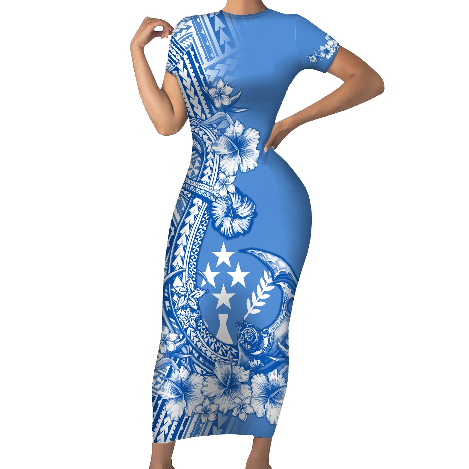 Kosrae Constitution Day Personalised Short Sleeve Bodycon Dress Kusaie Hook Tattoo Special Polynesian Pattern LT9 Long Dress Blue - Polynesian Pride