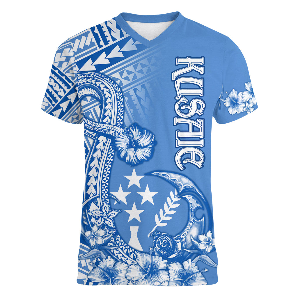 Kosrae Constitution Day Personalised Women V Neck T Shirt Kusaie Hook Tattoo Special Polynesian Pattern LT9 Female Blue - Polynesian Pride