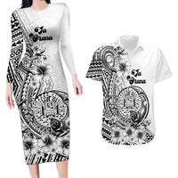 Ia Orana Tahiti Personalised Couples Matching Long Sleeve Bodycon Dress and Hawaiian Shirt French Polynesia Hook Tattoo Special White Color LT9 White - Polynesian Pride