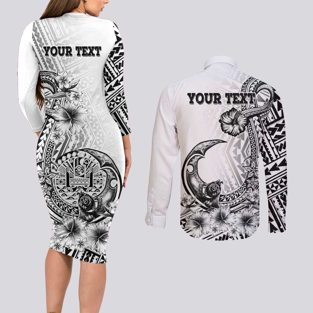 Ia Orana Tahiti Personalised Couples Matching Long Sleeve Bodycon Dress and Long Sleeve Button Shirt French Polynesia Hook Tattoo Special White Color LT9 - Polynesian Pride