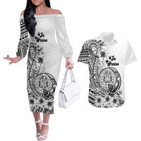 Ia Orana Tahiti Personalised Couples Matching Off The Shoulder Long Sleeve Dress and Hawaiian Shirt French Polynesia Hook Tattoo Special White Color LT9