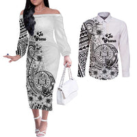 Ia Orana Tahiti Personalised Couples Matching Off The Shoulder Long Sleeve Dress and Long Sleeve Button Shirt French Polynesia Hook Tattoo Special White Color LT9 White - Polynesian Pride