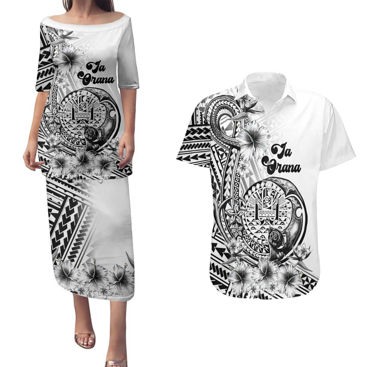 Ia Orana Tahiti Personalised Couples Matching Puletasi Dress and Hawaiian Shirt French Polynesia Hook Tattoo Special White Color LT9 White - Polynesian Pride