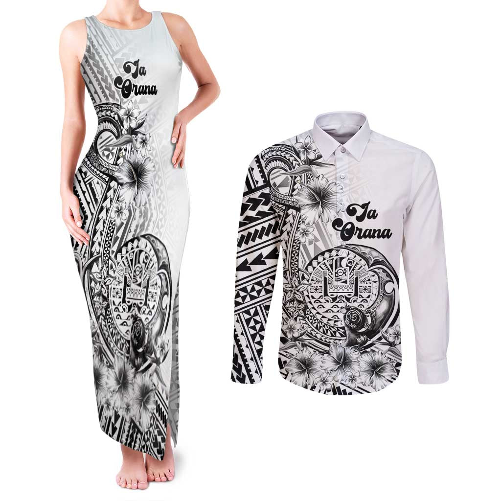 Ia Orana Tahiti Personalised Couples Matching Tank Maxi Dress and Long Sleeve Button Shirt French Polynesia Hook Tattoo Special White Color LT9 White - Polynesian Pride