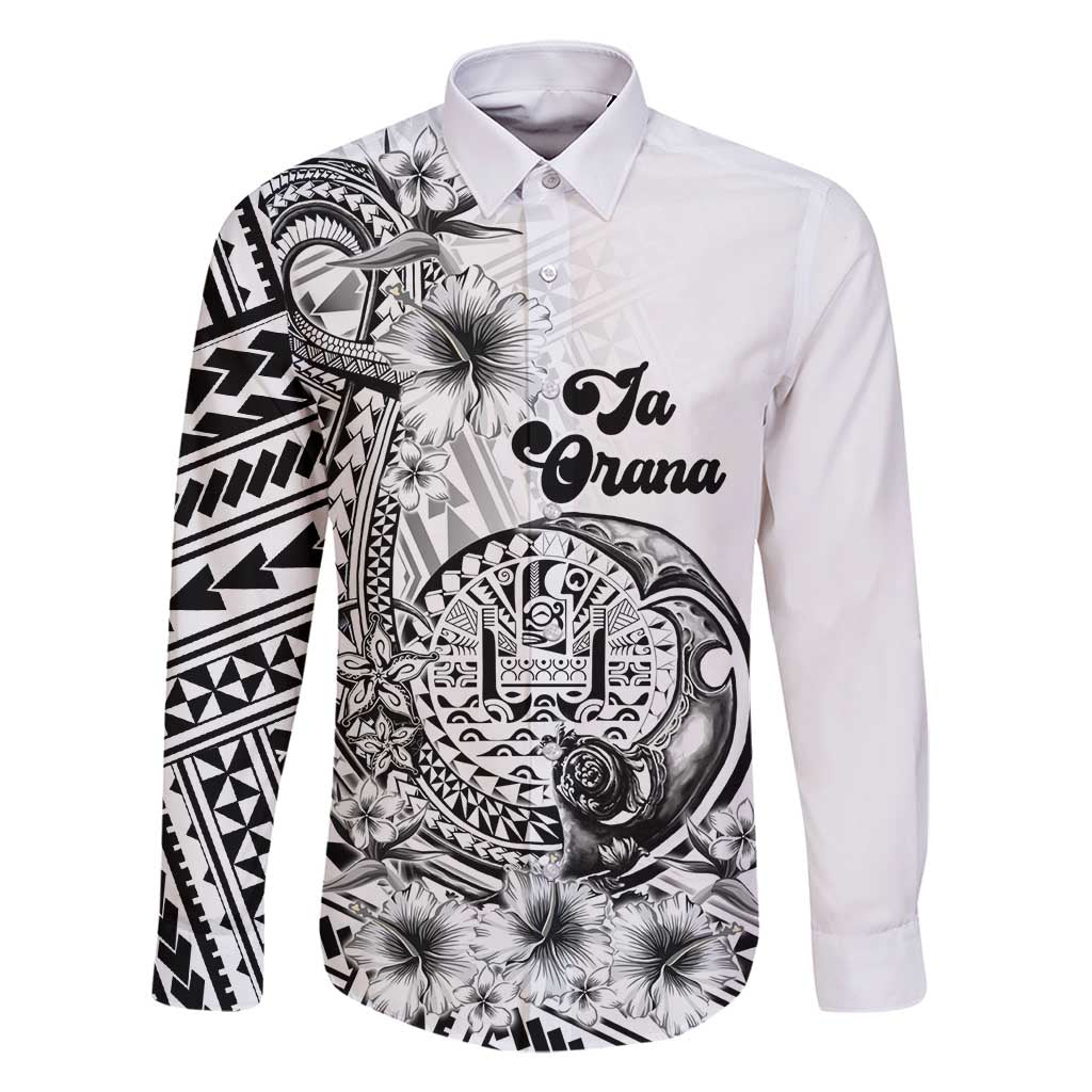 Ia Orana Tahiti Personalised Family Matching Off Shoulder Maxi Dress and Hawaiian Shirt French Polynesia Hook Tattoo Special White Color LT9 Dad's Shirt - Long Sleeve White - Polynesian Pride