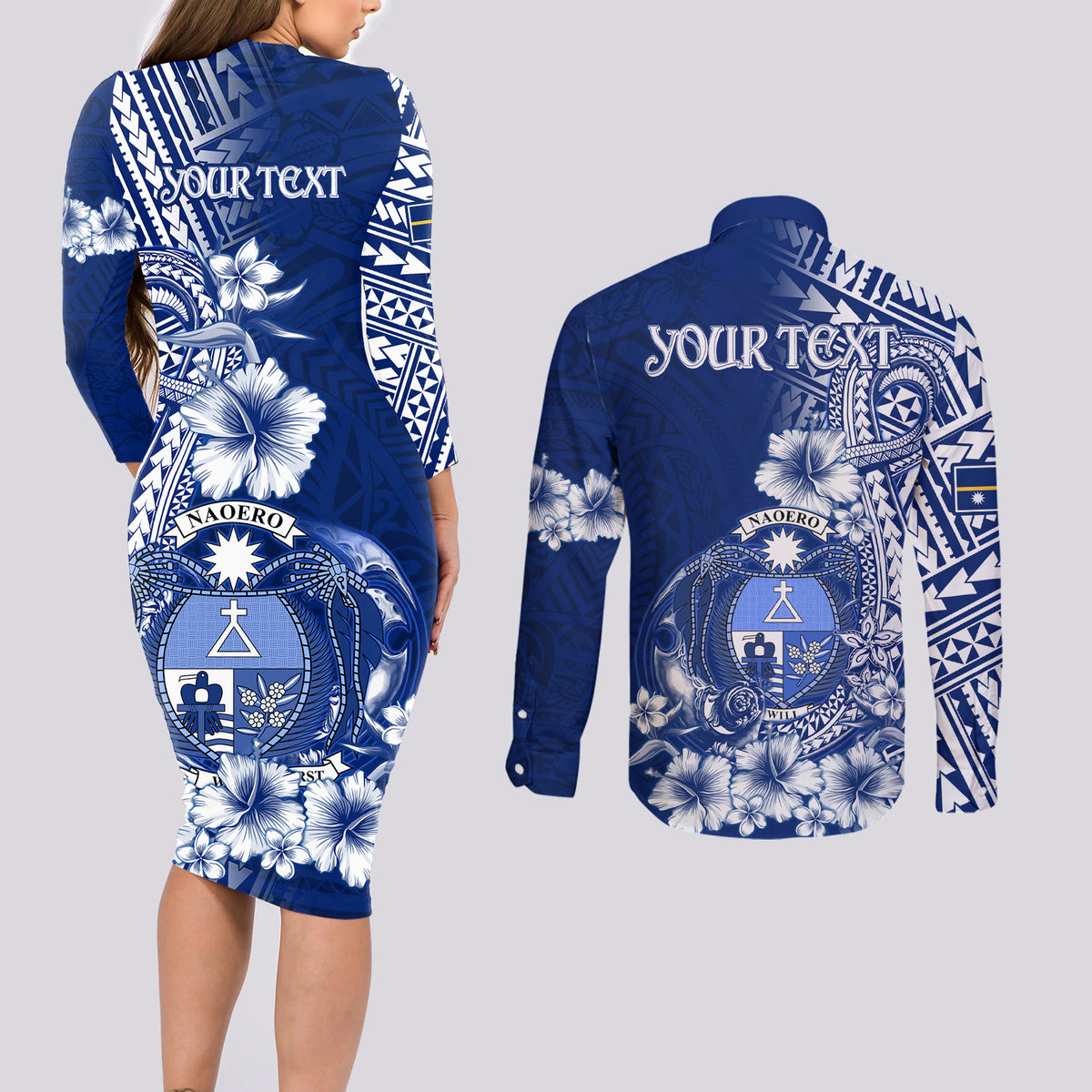 Nauru Independence Personalised Couples Matching Long Sleeve Bodycon Dress and Long Sleeve Button Shirt Naoero Hook Tattoo Special Polynesian Pattern LT9 - Polynesian Pride