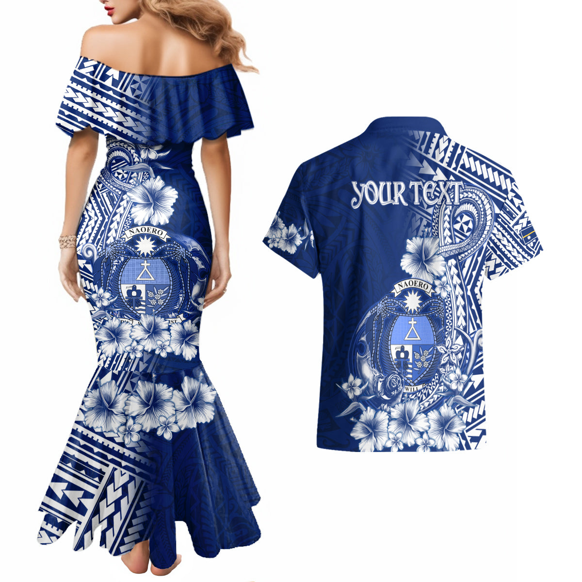 Nauru Independence Personalised Couples Matching Mermaid Dress and Hawaiian Shirt Naoero Hook Tattoo Special Polynesian Pattern LT9 - Polynesian Pride