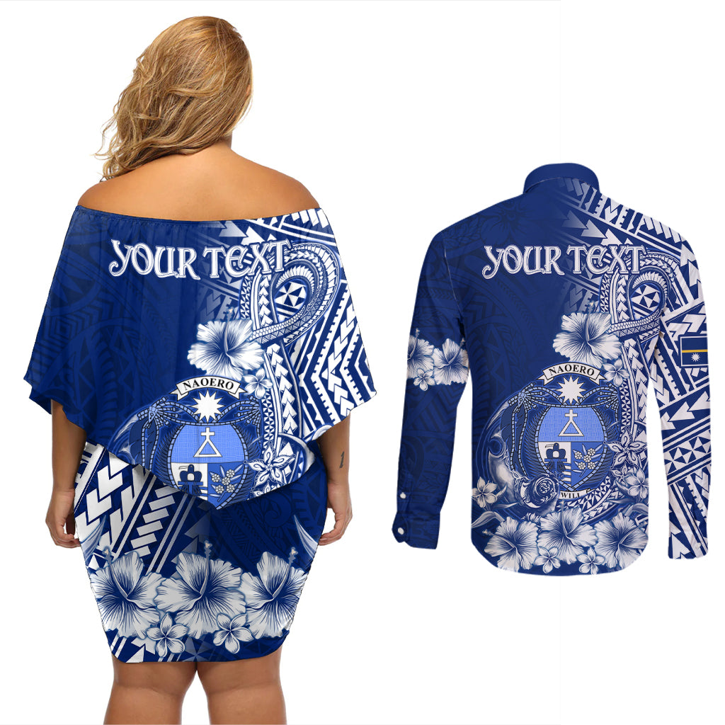 Nauru Independence Personalised Couples Matching Off Shoulder Short Dress and Long Sleeve Button Shirt Naoero Hook Tattoo Special Polynesian Pattern LT9 - Polynesian Pride