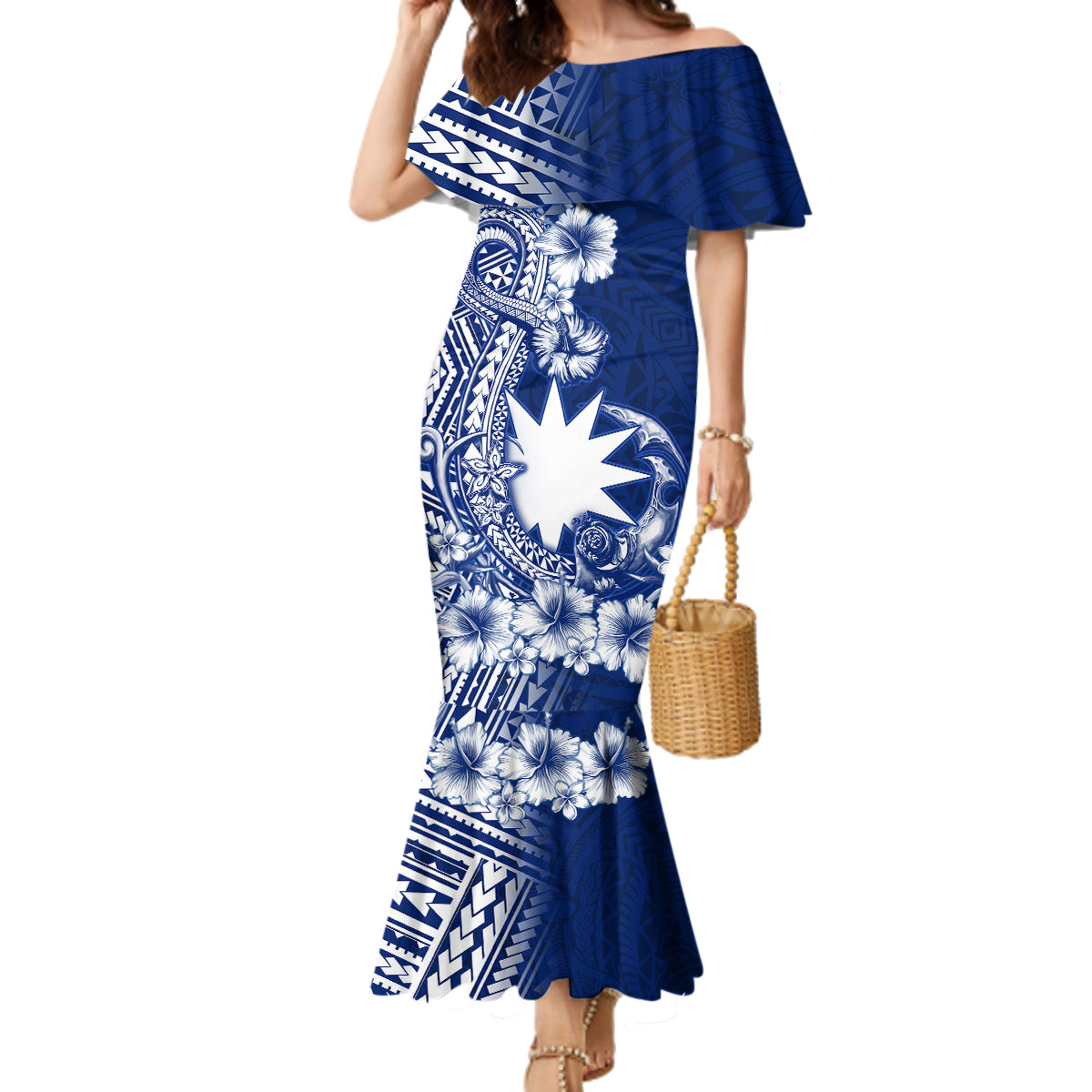 Nauru Independence Personalised Family Matching Mermaid Dress and Hawaiian Shirt Naoero Hook Tattoo Special Polynesian Pattern LT9 Mom's Dress Blue - Polynesian Pride