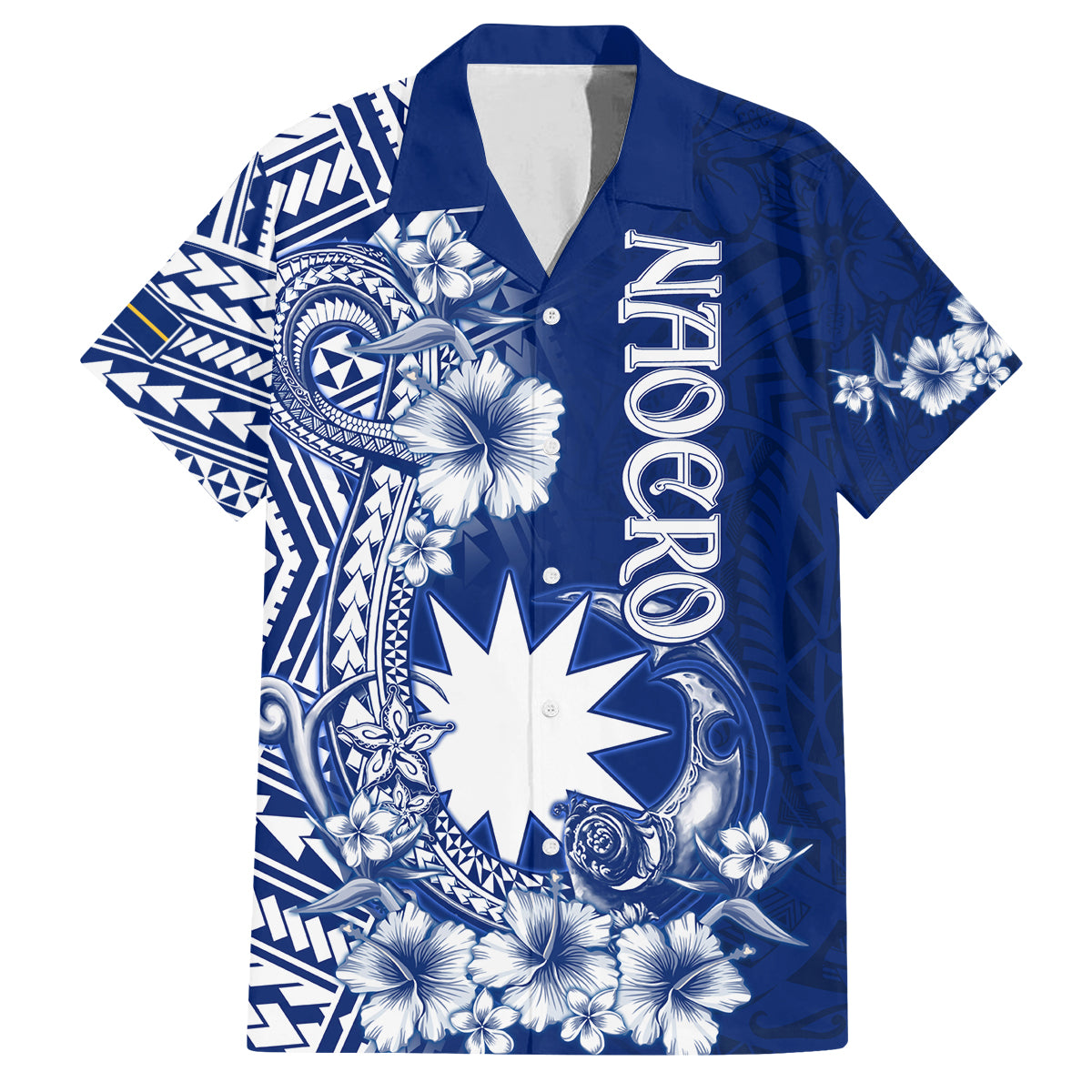 Nauru Independence Personalised Family Matching Puletasi Dress and Hawaiian Shirt Naoero Hook Tattoo Special Polynesian Pattern LT9 Dad's Shirt - Short Sleeve Blue - Polynesian Pride
