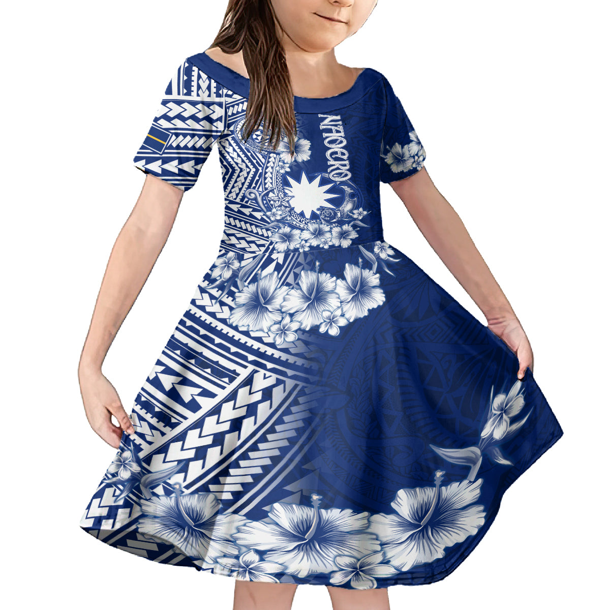 Nauru Independence Personalised Family Matching Tank Maxi Dress and Hawaiian Shirt Naoero Hook Tattoo Special Polynesian Pattern LT9 Daughter's Dress Blue - Polynesian Pride