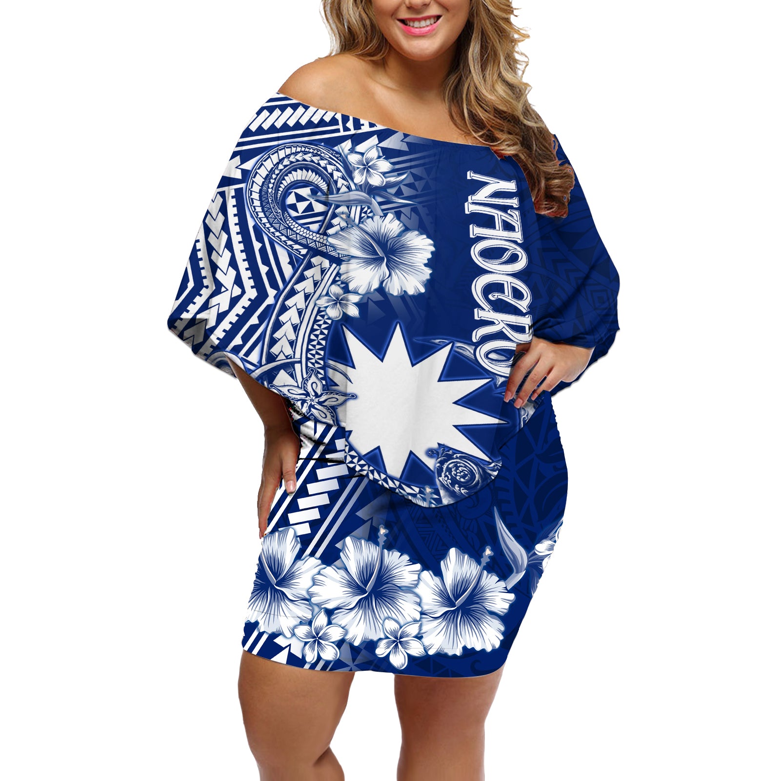 Nauru Independence Personalised Off Shoulder Short Dress Naoero Hook Tattoo Special Polynesian Pattern LT9 Women Blue - Polynesian Pride