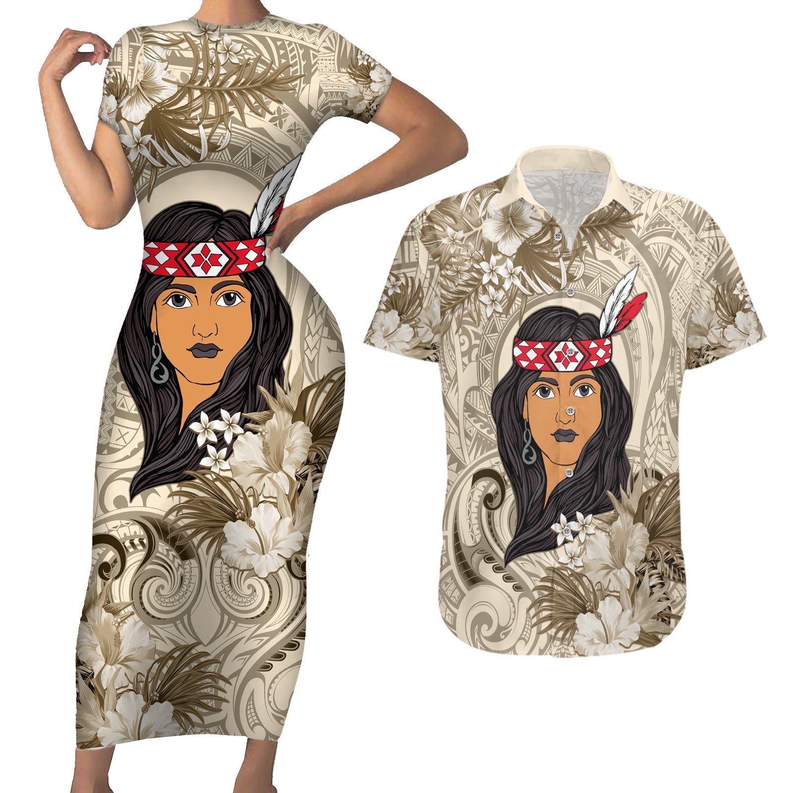 Personalized New Zealand Women's Day Couples Matching Short Sleeve Bodycon Dress and Hawaiian Shirt Maori Girl Feathers of Hope - Beige LT9 Beige - Polynesian Pride