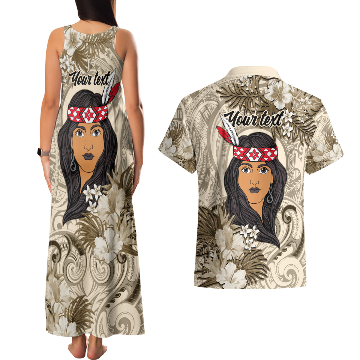 Personalized New Zealand Women's Day Couples Matching Tank Maxi Dress and Hawaiian Shirt Maori Girl Feathers of Hope - Beige LT9 - Polynesian Pride