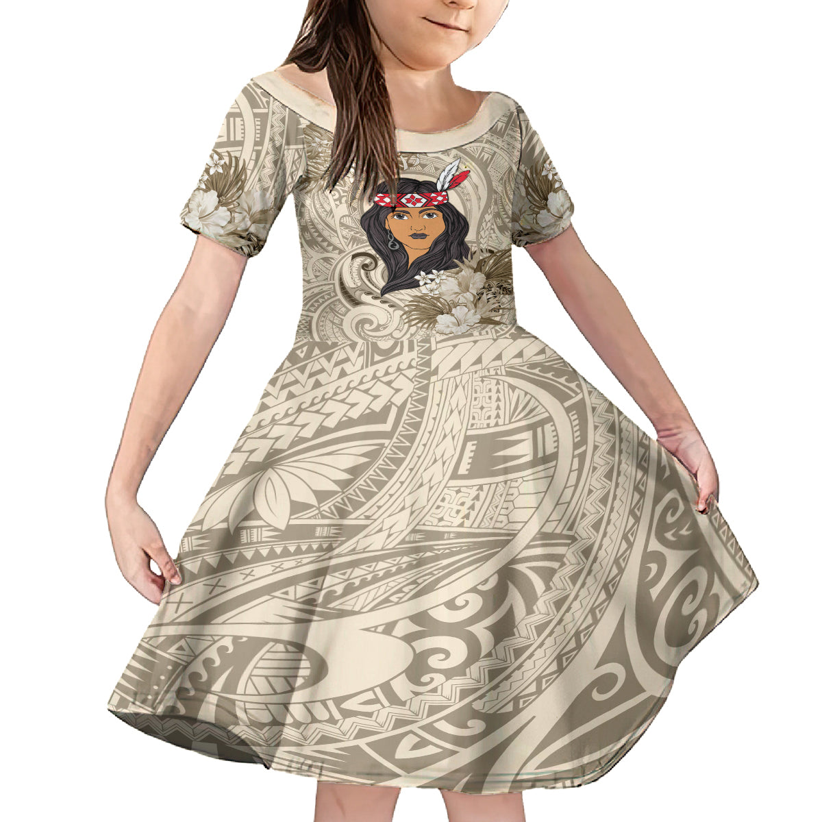 Personalized New Zealand Women's Day Family Matching Off Shoulder Short Dress and Hawaiian Shirt Maori Girl Feathers of Hope - Beige LT9 Daughter's Dress Beige - Polynesian Pride