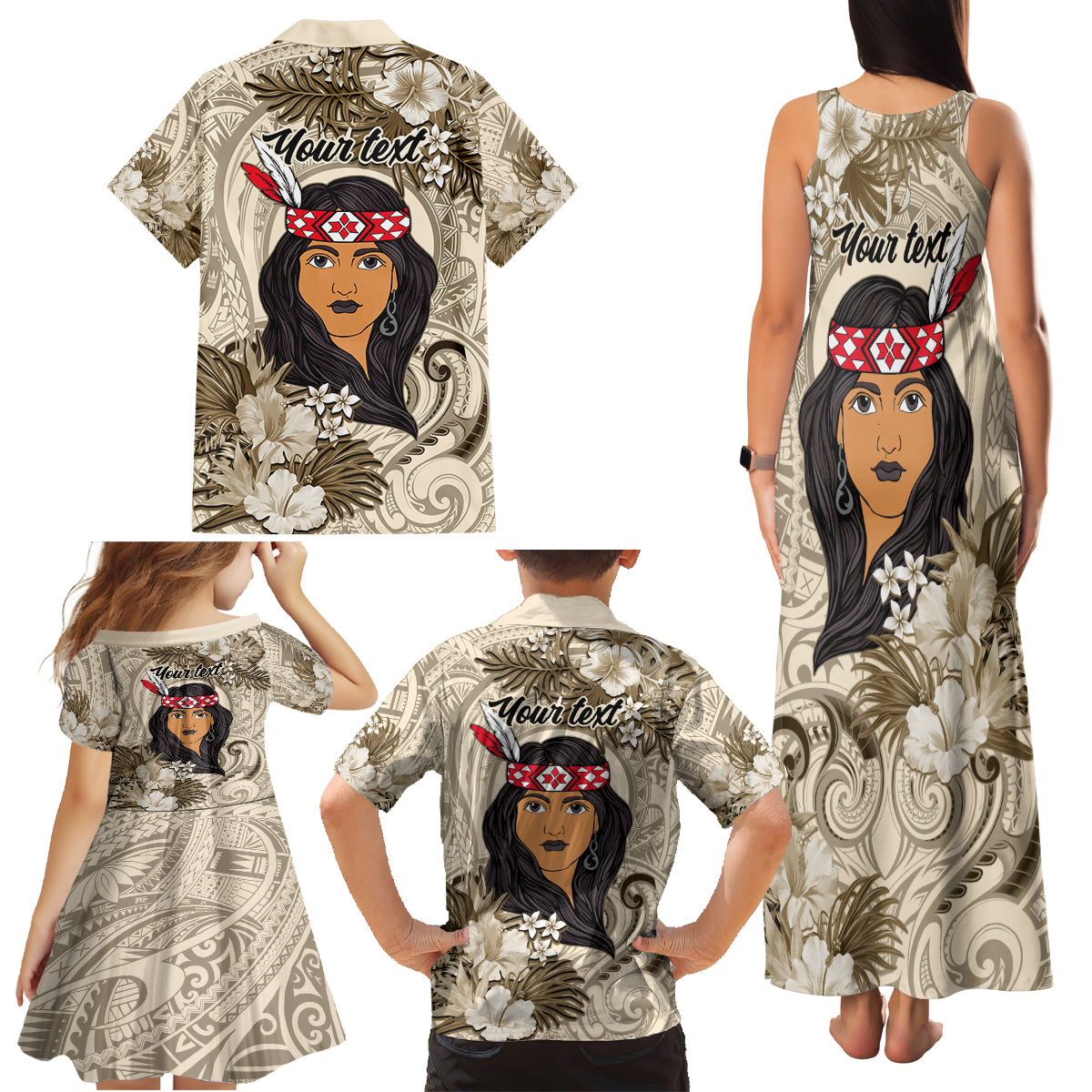 Personalized New Zealand Women's Day Family Matching Tank Maxi Dress and Hawaiian Shirt Maori Girl Feathers of Hope - Beige LT9 - Polynesian Pride