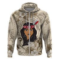 Personalized New Zealand Women's Day Hoodie Maori Girl Feathers of Hope - Beige LT9 Zip Hoodie Beige - Polynesian Pride