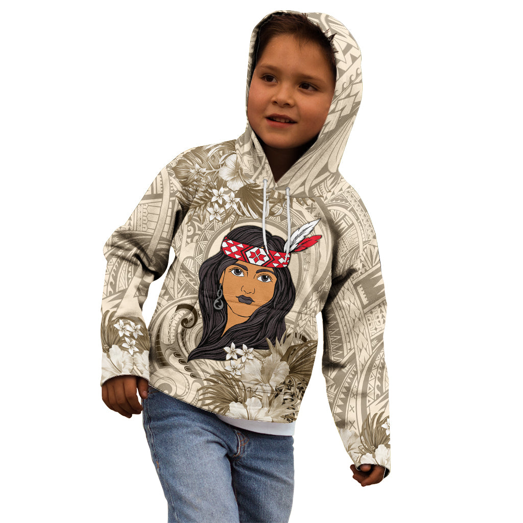 Personalized New Zealand Women's Day Kid Hoodie Maori Girl Feathers of Hope - Beige LT9 - Polynesian Pride