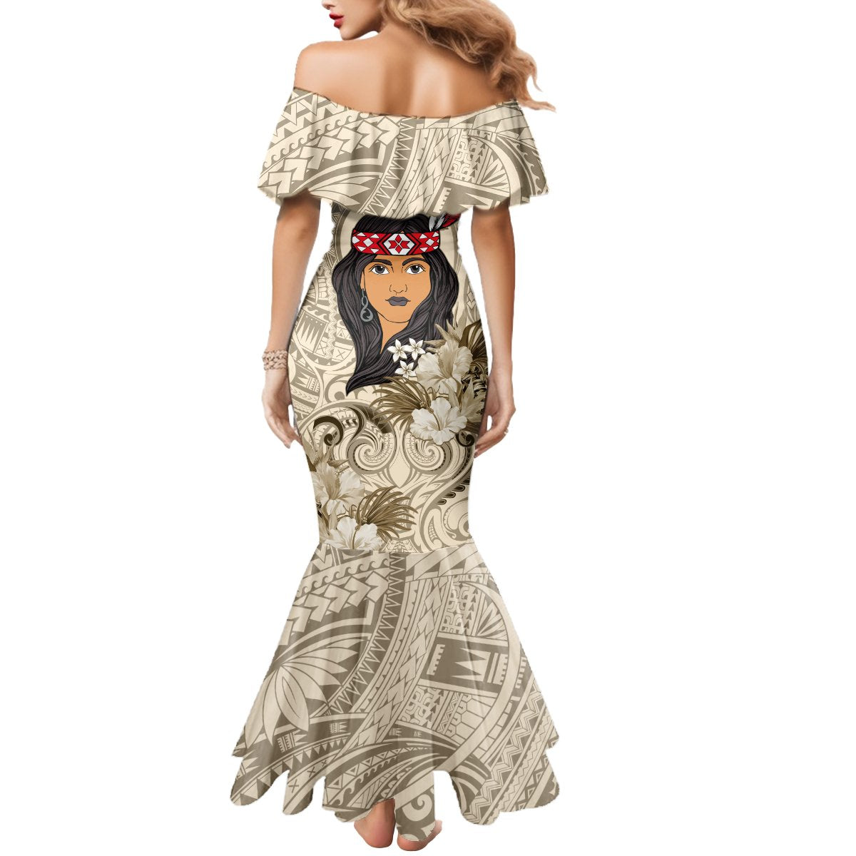Personalized New Zealand Women's Day Mermaid Dress Maori Girl Feathers of Hope - Beige LT9 - Polynesian Pride