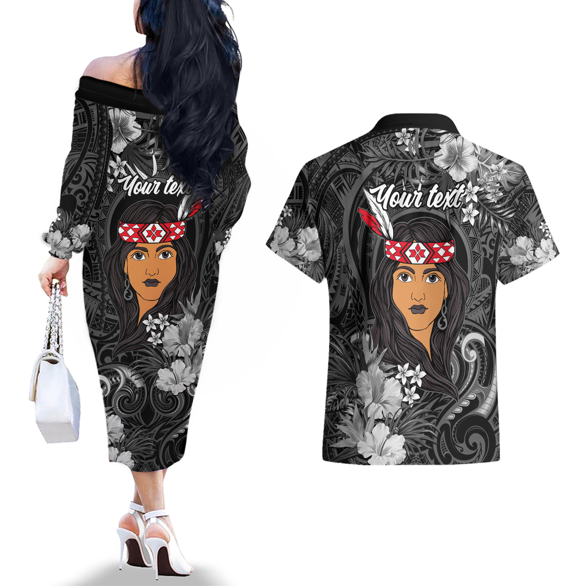 New Zealand Custom Women's Day Couples Matching Off The Shoulder Long Sleeve Dress and Hawaiian Shirt Maori Girl Feathers of Hope - Black LT9 - Polynesian Pride