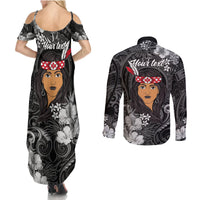 New Zealand Custom Women's Day Couples Matching Summer Maxi Dress and Long Sleeve Button Shirt Maori Girl Feathers of Hope - Black LT9 - Polynesian Pride