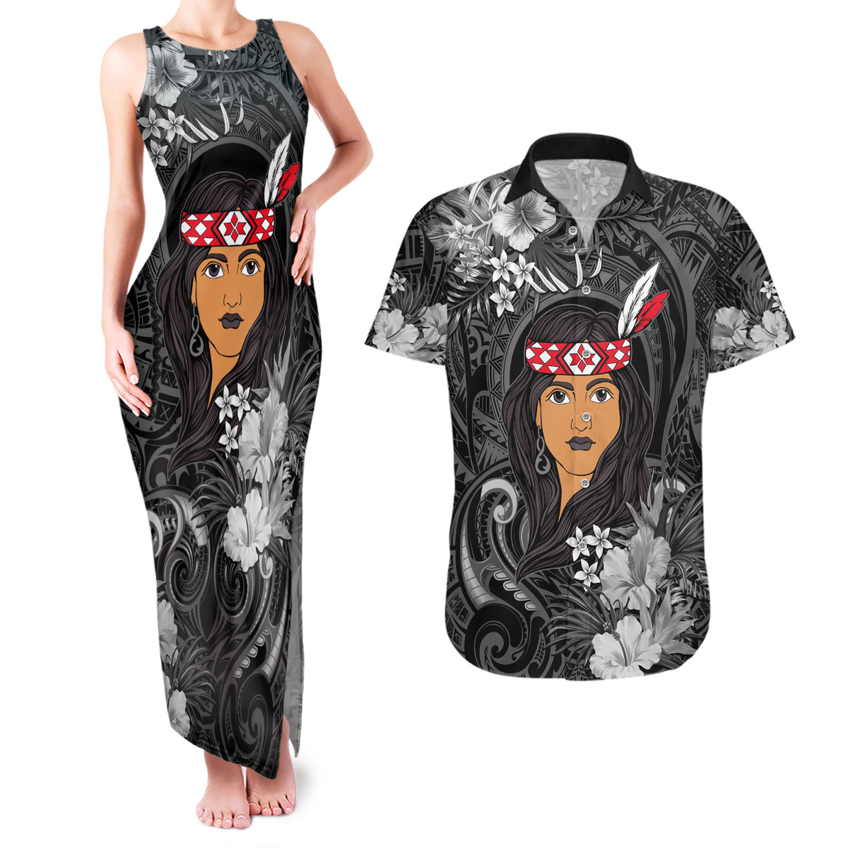 New Zealand Custom Women's Day Couples Matching Tank Maxi Dress and Hawaiian Shirt Maori Girl Feathers of Hope - Black LT9 Black - Polynesian Pride