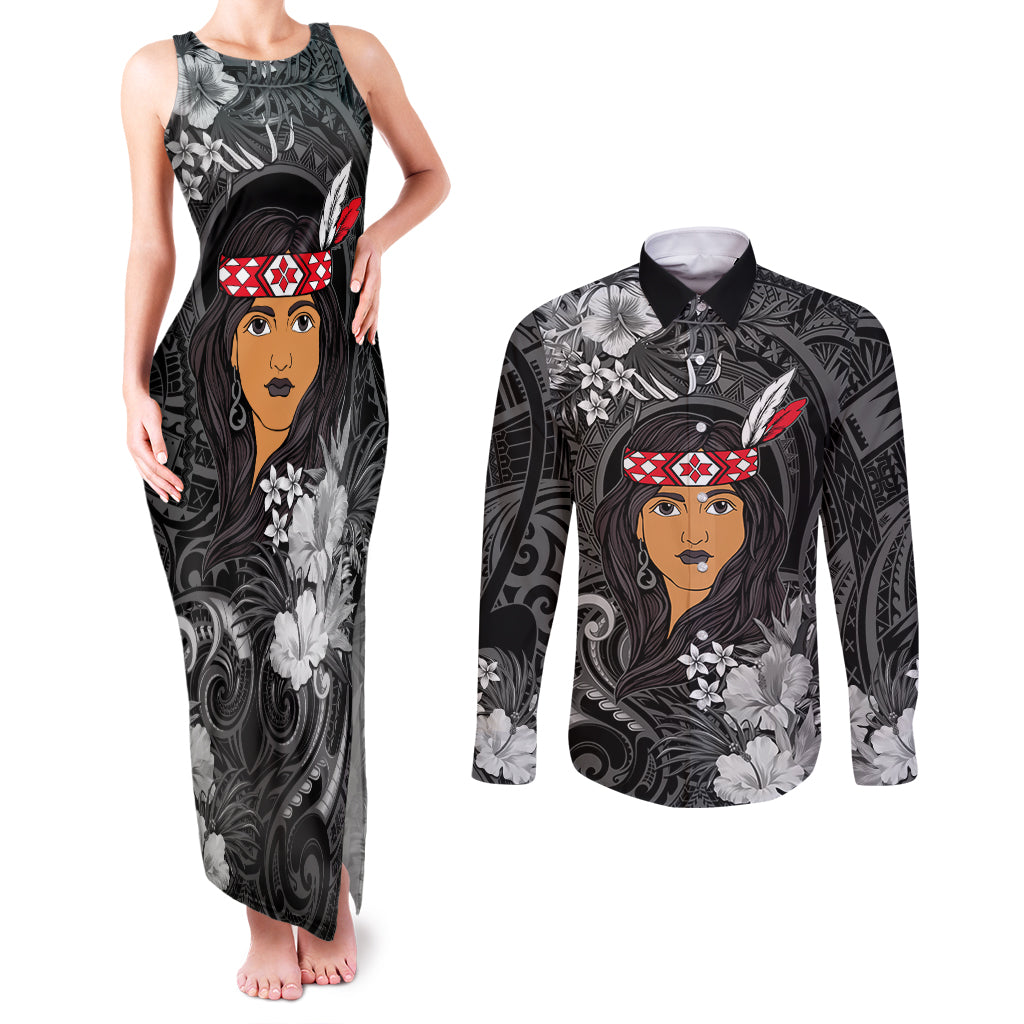 New Zealand Custom Women's Day Couples Matching Tank Maxi Dress and Long Sleeve Button Shirt Maori Girl Feathers of Hope - Black LT9 Black - Polynesian Pride
