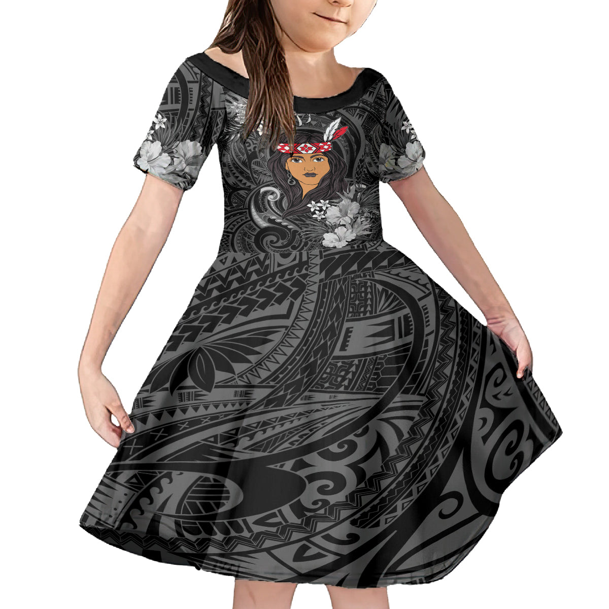New Zealand Custom Women's Day Family Matching Summer Maxi Dress and Hawaiian Shirt Maori Girl Feathers of Hope - Black LT9 Daughter's Dress Black - Polynesian Pride