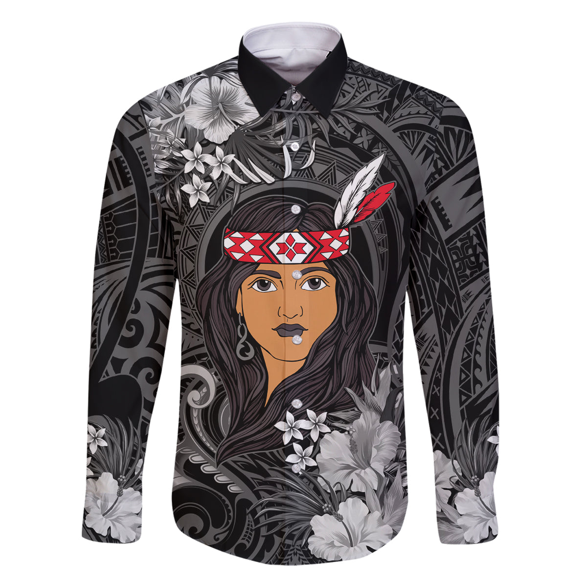 New Zealand Custom Women's Day Family Matching Tank Maxi Dress and Hawaiian Shirt Maori Girl Feathers of Hope - Black LT9 Dad's Shirt - Long Sleeve Black - Polynesian Pride