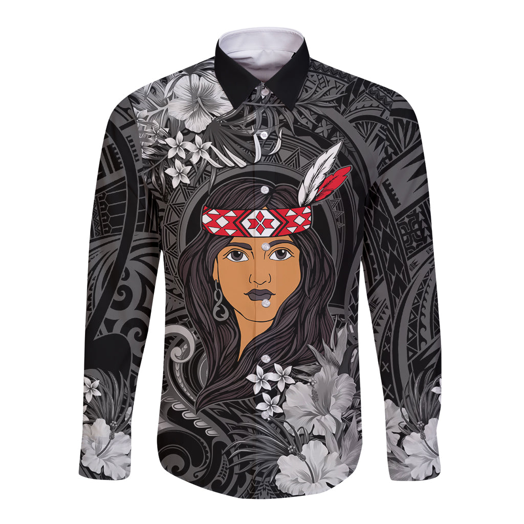 New Zealand Custom Women's Day Long Sleeve Button Shirt Maori Girl Feathers of Hope - Black LT9 Unisex Black - Polynesian Pride