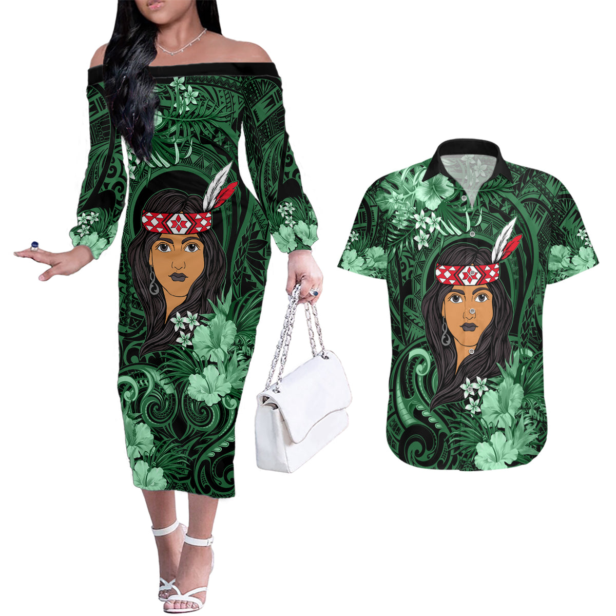 New Zealand Custom Women's Day Couples Matching Off The Shoulder Long Sleeve Dress and Hawaiian Shirt Maori Girl Feathers of Hope - Green LT9 Green - Polynesian Pride
