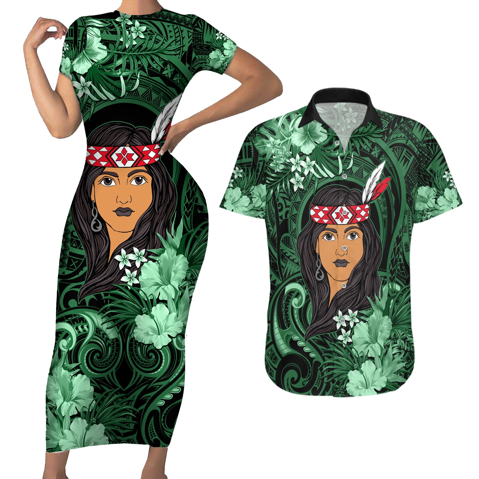 New Zealand Custom Women's Day Couples Matching Short Sleeve Bodycon Dress and Hawaiian Shirt Maori Girl Feathers of Hope - Green LT9 Green - Polynesian Pride