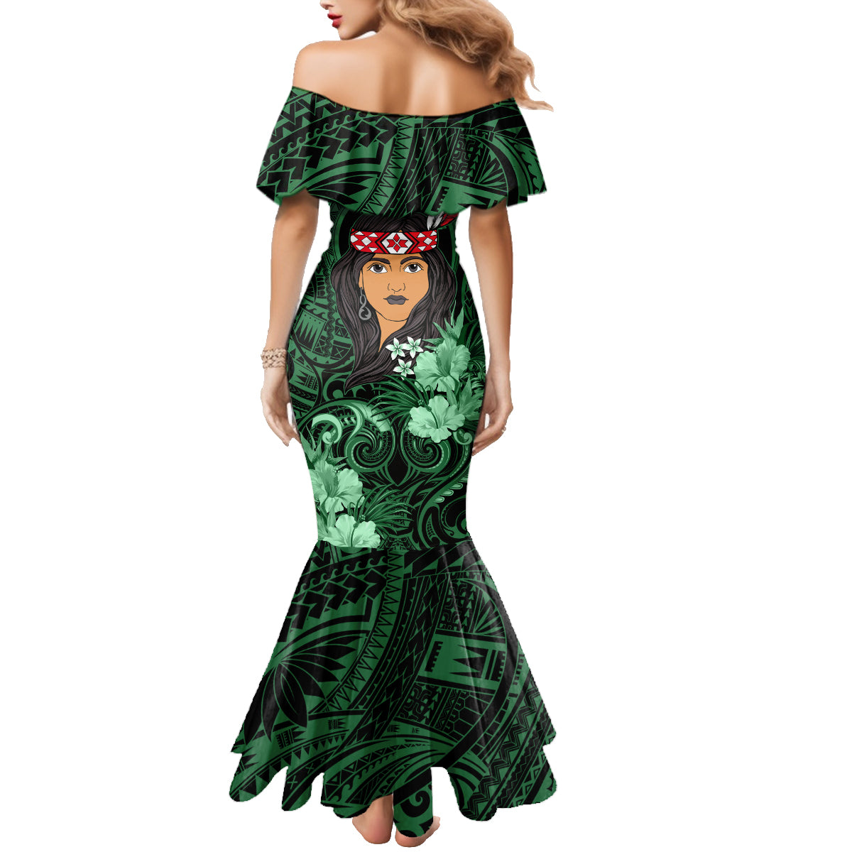 New Zealand Custom Women's Day Family Matching Mermaid Dress and Hawaiian Shirt Maori Girl Feathers of Hope - Green LT9 - Polynesian Pride