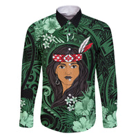 New Zealand Custom Women's Day Family Matching Off Shoulder Long Sleeve Dress and Hawaiian Shirt Maori Girl Feathers of Hope - Green LT9 Dad's Shirt - Long Sleeve Green - Polynesian Pride