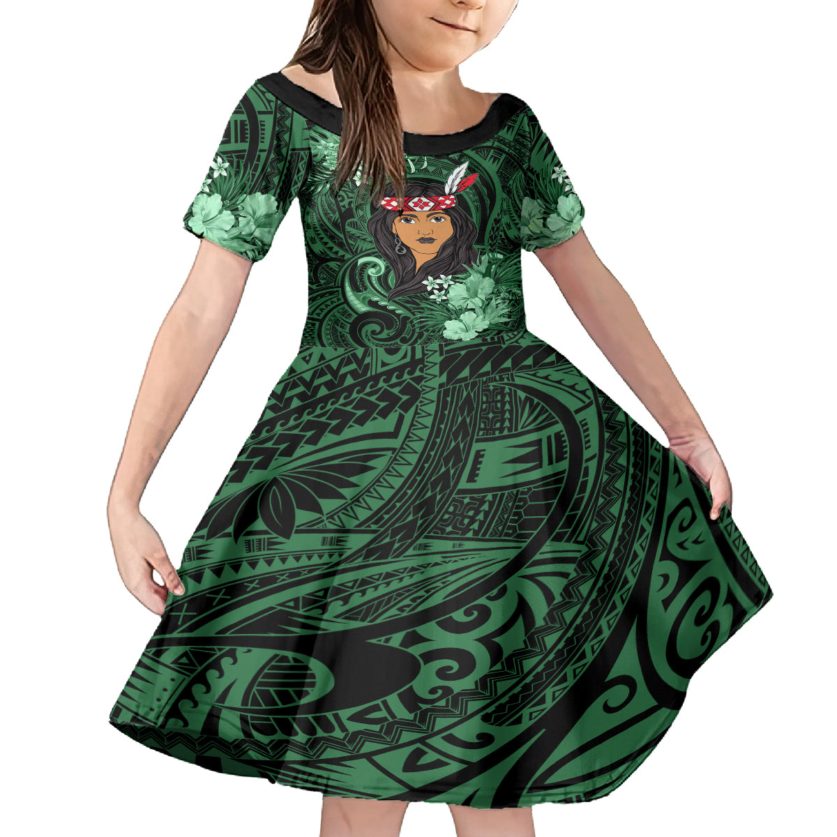 New Zealand Custom Women's Day Family Matching Puletasi and Hawaiian Shirt Maori Girl Feathers of Hope - Green LT9 Daughter's Dress Green - Polynesian Pride