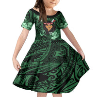 New Zealand Custom Women's Day Family Matching Puletasi and Hawaiian Shirt Maori Girl Feathers of Hope - Green LT9 Daughter's Dress Green - Polynesian Pride