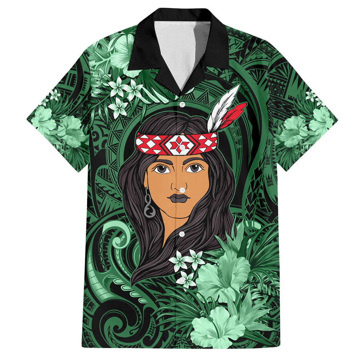 New Zealand Custom Women's Day Family Matching Tank Maxi Dress and Hawaiian Shirt Maori Girl Feathers of Hope - Green LT9 Dad's Shirt - Short Sleeve Green - Polynesian Pride