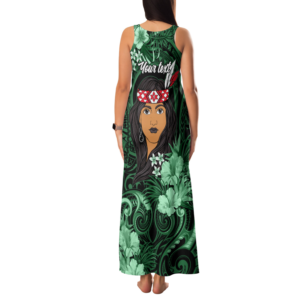 New Zealand Custom Women's Day Family Matching Tank Maxi Dress and Hawaiian Shirt Maori Girl Feathers of Hope - Green LT9 - Polynesian Pride